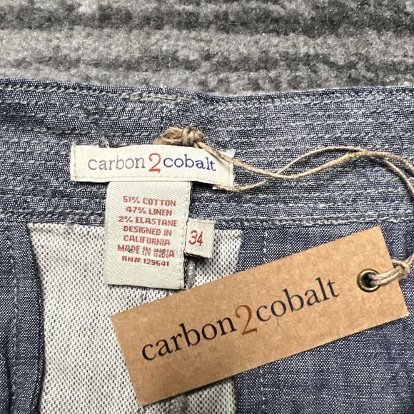 Carbon 2 Cobalt NWT Cargo Linen Blend Shorts Mens 34 Blue Mid Rise Stretch - Picture 2 of 9